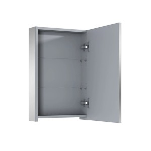 Offener Roca Basic Spiegelschrank mit 1 Tür und zwei Glasablagen.