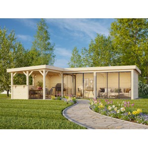 Palmako Pavillon Lenna Set 720, weiß lackiert, mit Schiebetüren und Tresenanlage. Ideal als Weekendhaus.