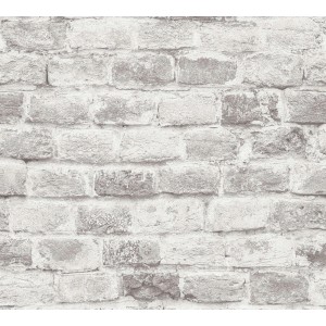 Graue Vliestapete imitiert eine Ziegelsteinmauer im Used Look. Dekorative Tapete für Wohnräume.
