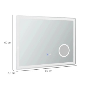 Rechteckiger Kleankin LED Badezimmerspiegel 80x60 cm mit umlaufender Beleuchtung, 3x Vergrößerung und Touch-Steuerung.