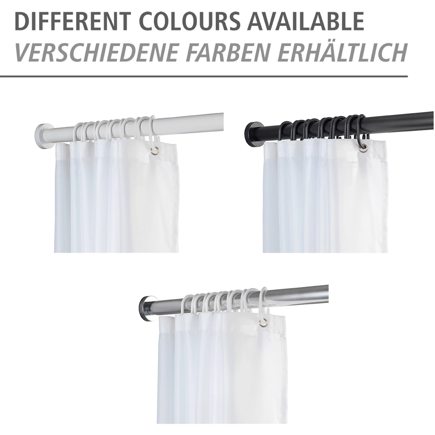 Wenko Teleskop-Duschstange Luz in Weiß, Schwarz und Silber mit Duschvorhangringen und Vorhang.