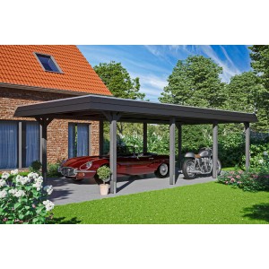 Skan Holz Carport Wendland in Schiefergrau mit Auto und Motorrad untergestellt.