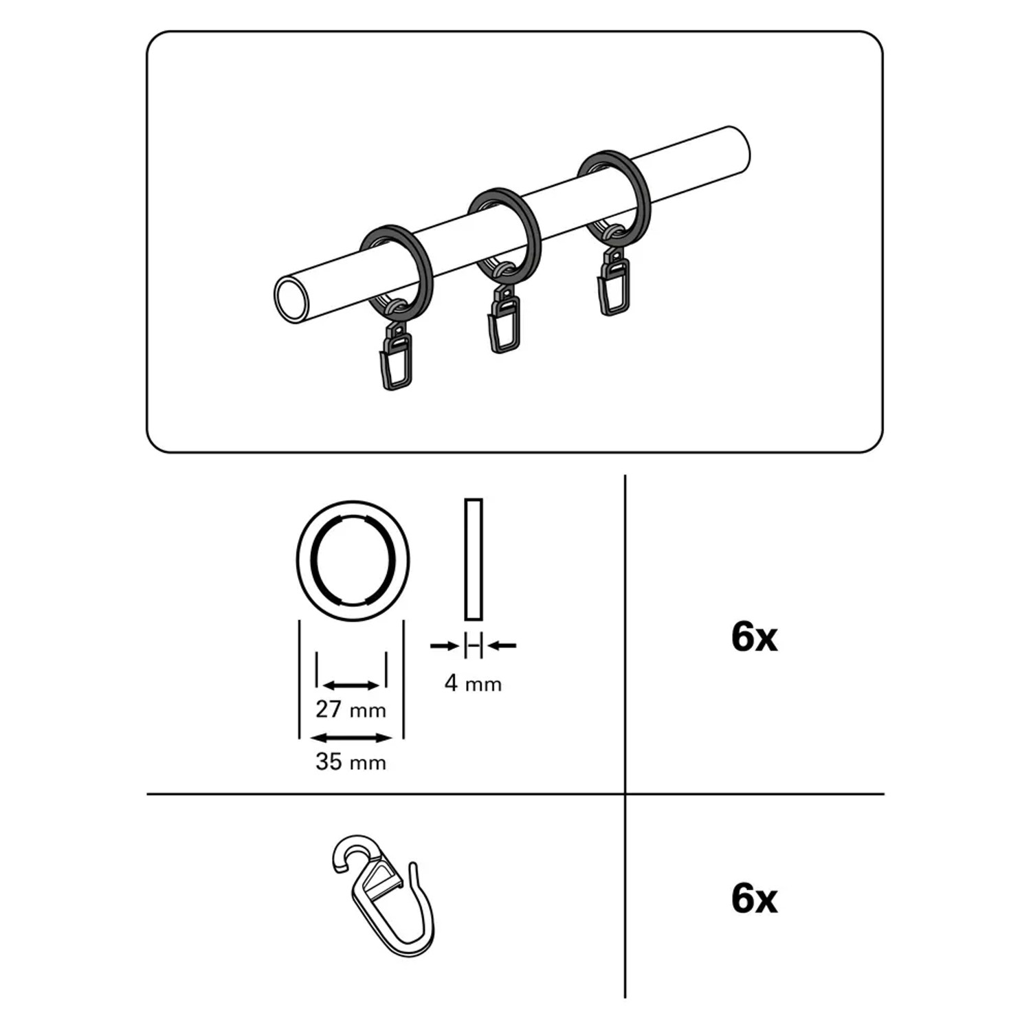 Gardinia Gardinenringe Kos, 6er-Pack, schwarz, Ø 27 mm, mit Faltenlegehaken für Gardinenschienen.