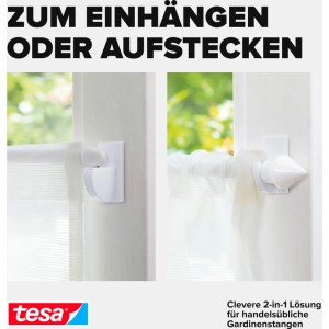 tesa Powerstrips Gardinenhaken, selbstklebend, weiß, 4 Stück, für Gardinenstangen zum Einhängen oder Aufstecken.