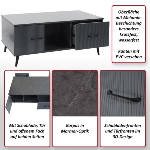 Grauer Couchtisch N89 in Marmoroptik mit Schubladen, Türen und offenen Fächern.