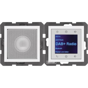 Berker Touch-Radio S.1/B.x DAB+ mit Lautsprecher in Polarweiß Samt, Nahansicht.