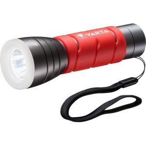 Varta LED-Taschenlampe Outdoor Sports F10, rot/schwarz, mit Handschlaufe und Batterien.