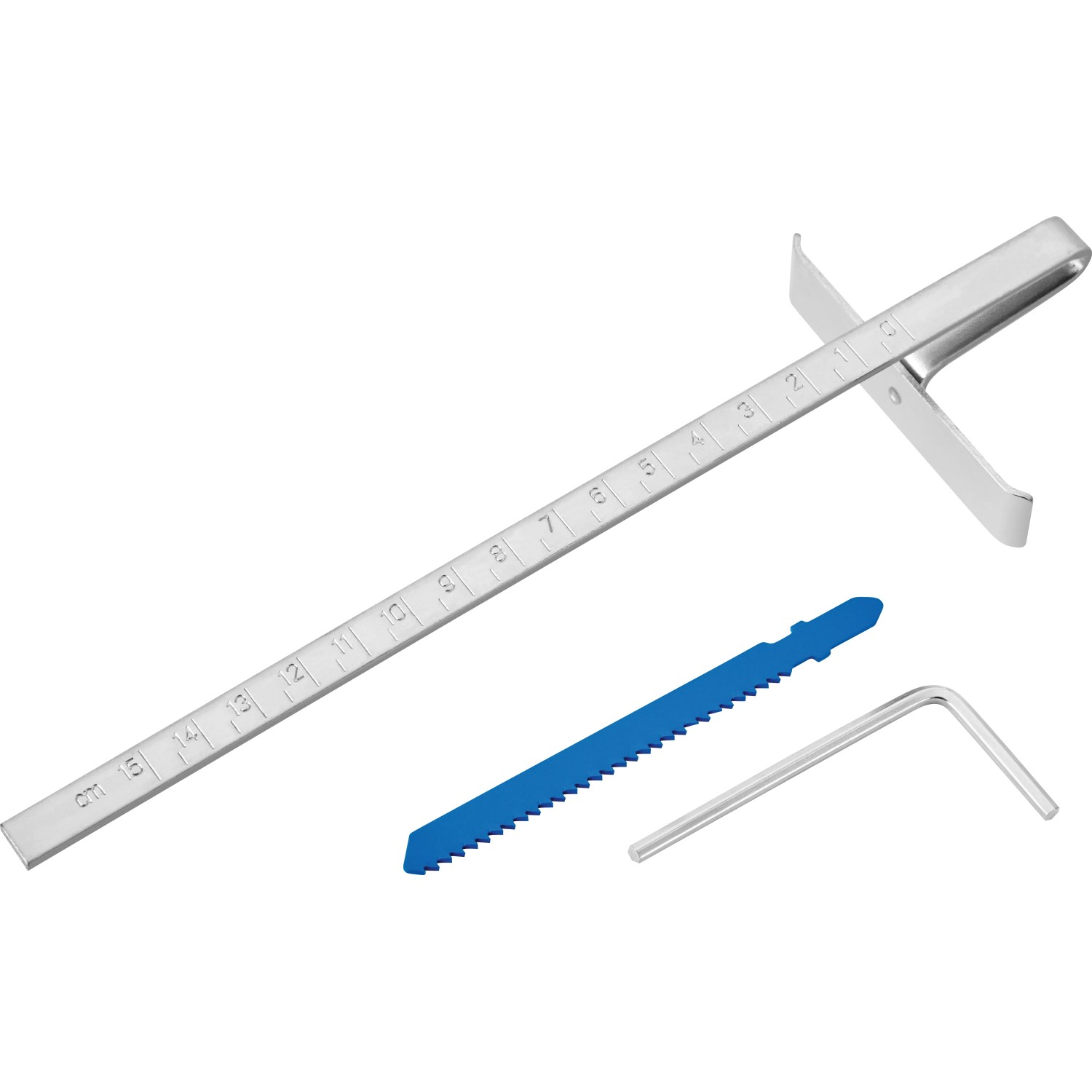 Zubehör für LUX Stichsäge E-STS-23: Parallelanschlag, Sägeblatt und Sechskantschlüssel.