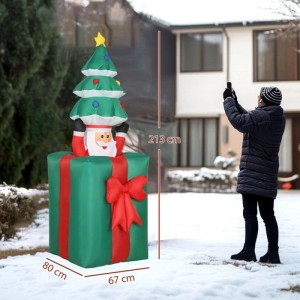 Aufblasbare Outsunny Weihnachtsdekoration: Weihnachtsmann mit Baum steigt aus Geschenkbox im Schnee. LED-beleuchtet für Garten.