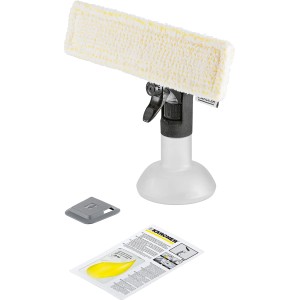 Kärcher Sprühflaschenset Premium für Fensterreinigung mit Padhalter, Mikrofaserbezug, Schmutzkratzer und Reiniger.