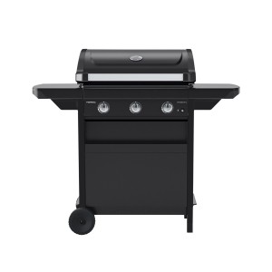Campingaz Gasgrill Compact 3 L, schwarzer Grillwagen mit 3 Brennern und Seitenablagen.