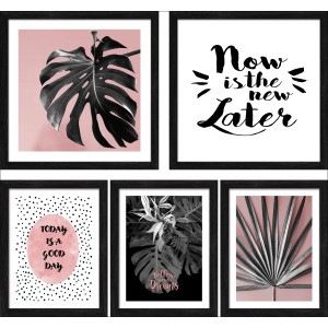 5-teiliges Bilder Set mit Rahmen und Handlettering Motiven, botanische und typografische Designs.