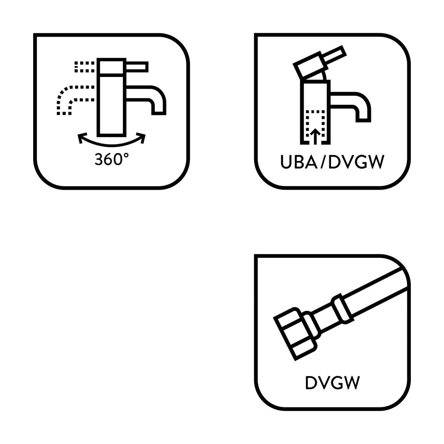 Icons der Küchenarmatur: 360° Schwenkbereich, UBA/DVGW-Zertifizierung, DVGW-Zertifizierung.