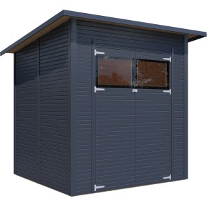 Modernes, anthrazitfarbenes Bertilo Gerätehaus Pent mit Doppeltür und Fenster. Weekendhaus aus FSC®-zertifiziertem Holz.
