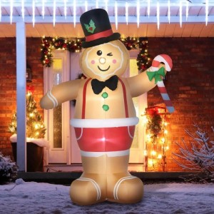 Großer, beleuchteter Outsunny Weihnachts-Lebkuchenmann (2,38 m) mit Zylinder und Zuckerstange als Gartendekoration.