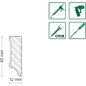 Profilzeichnung einer weißen Sockelleiste aus Buche (12x40x2400mm) mit Montagehinweisen.