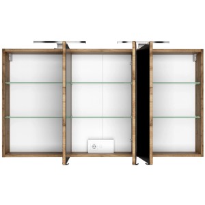Offener Held Möbel 3D-Spiegelschrank Verona 120 cm in Wotaneiche mit Glasböden und Beleuchtung.