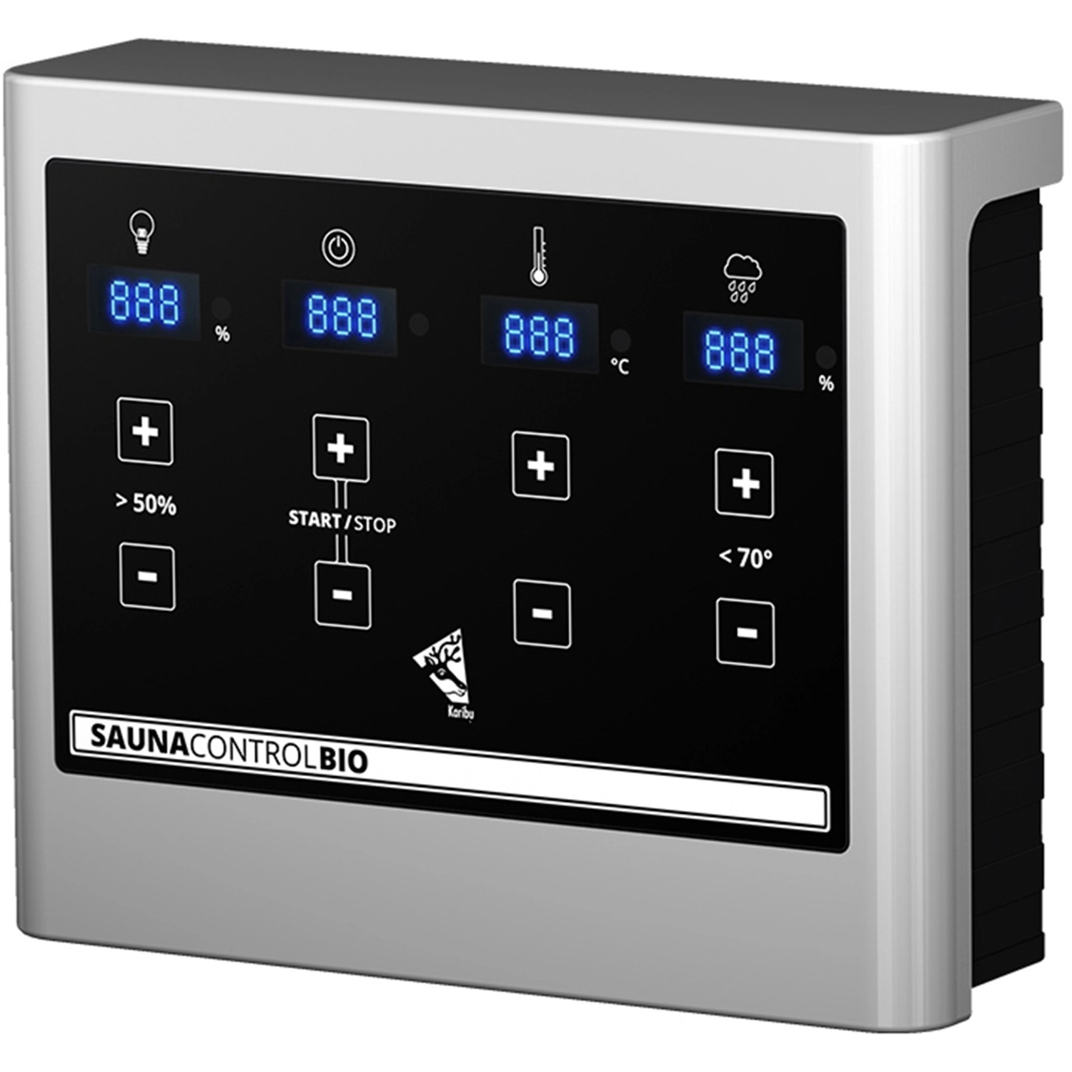 Steuerung für Woodfeeling Sauna Jella Bio-Ofen mit digitaler Anzeige und Tasten.