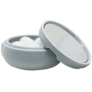 Spirella Elements Aufbewahrungsdose Sense hellblau matt mit Spiegel und Wattepads.