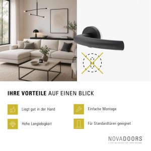 Schwarze Novadoors Türgriffgarnitur Nova Amico, rosettenlos für Innentüren, ohne Schlüssellochbohrung.