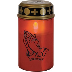 Rotes Ambrosius LED Grablicht Ewiglicht mit betenden Händen und Metalldeckel, inklusive Batterie.