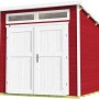 Rotes Weka Gartenhaus 264 mit Pultdach und weißen Türen. Holz-Gartenhaus für Geräte und Gartenmöbel.