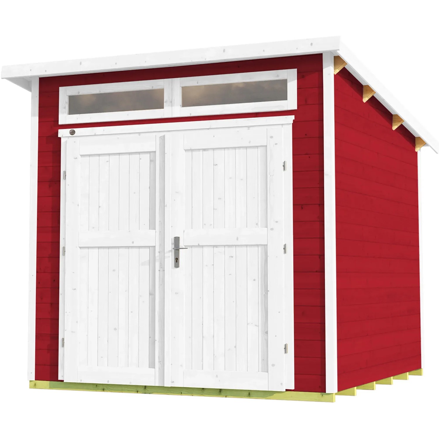 Rotes Weka Gartenhaus 264 mit Pultdach und weißen Türen. Holz-Gartenhaus für Geräte und Gartenmöbel.