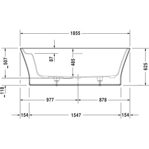 Technische Zeichnung der freistehenden Duravit Cape Cod Badewanne, 185x88,5 cm, mit Maßen.
