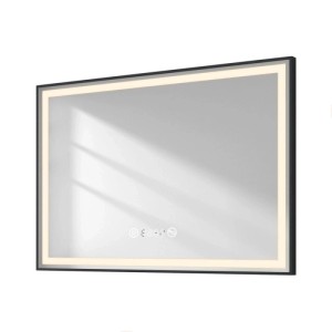 Rechteckiger Emke Badspiegel 100x70cm mit schwarzem Rahmen, LED-Beleuchtung, Touch-Bedienung, Antibeschlag, Uhr und Temperaturanzeige.