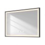 Rechteckiger Emke Badspiegel 100x70cm mit schwarzem Rahmen, LED-Beleuchtung, Touch-Bedienung, Antibeschlag, Uhr und Temperaturanzeige.