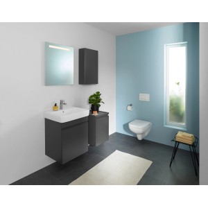 Geberit Renova Plan Waschbecken, 60x48 cm, Weiß, mit modernem Unterbau im Badezimmer.