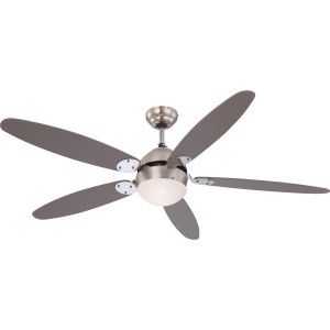 Deckenventilator Azura mit 5 Flügeln in Graphit, Nickel-matt Gehäuse und Opalglas-Leuchte.