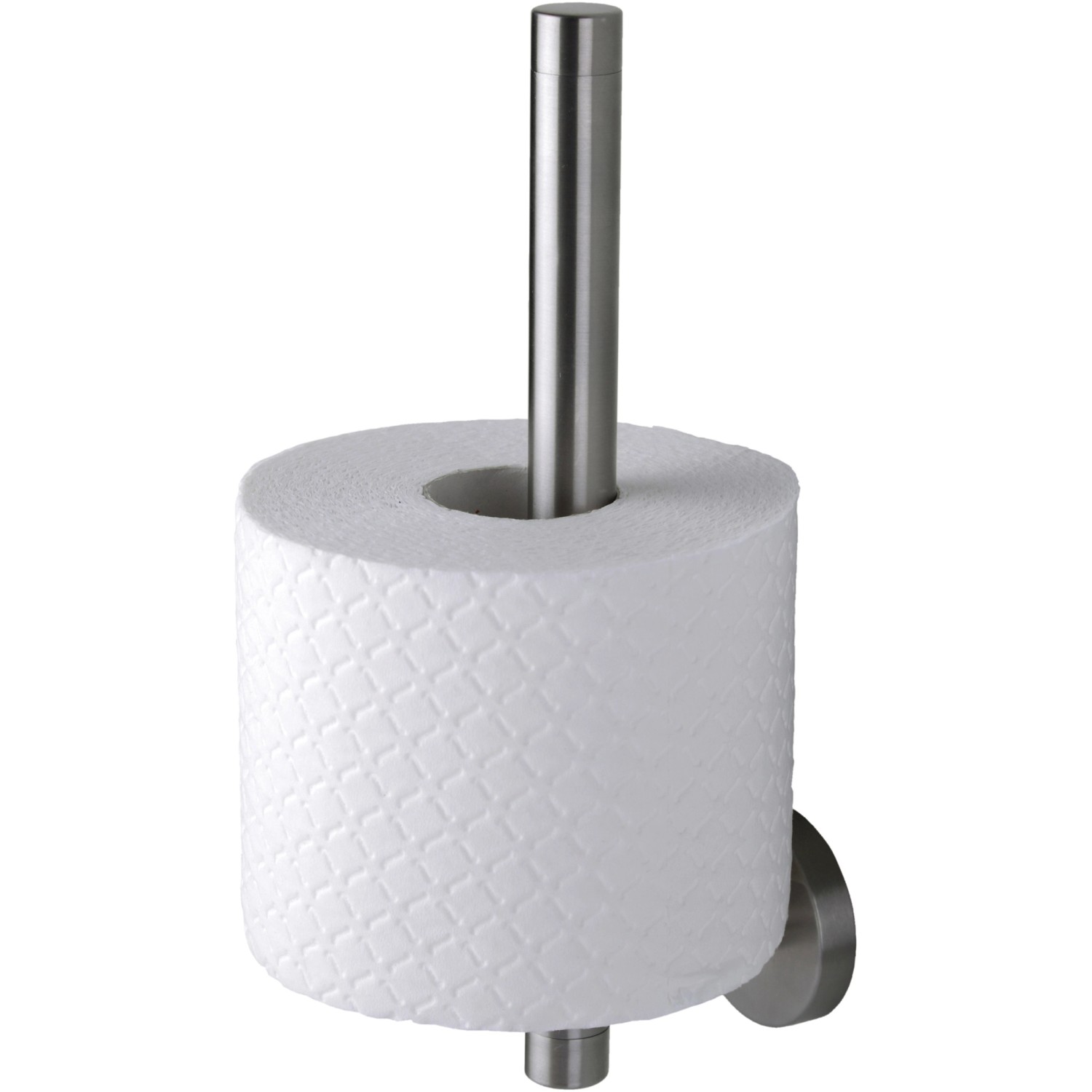 Tiger Boston Reserverollenhalter aus gebürstetem Edelstahl mit einer Toilettenpapierrolle.