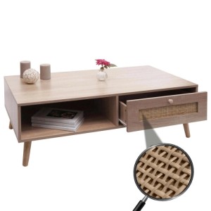 Heller Couchtisch M39 mit Schublade aus Kubu Rattan und offenem Fach.