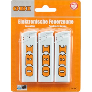 3er Pack Elektronik Feuerzeuge mit OBI Logo, nachfüllbar und kindergesichert.