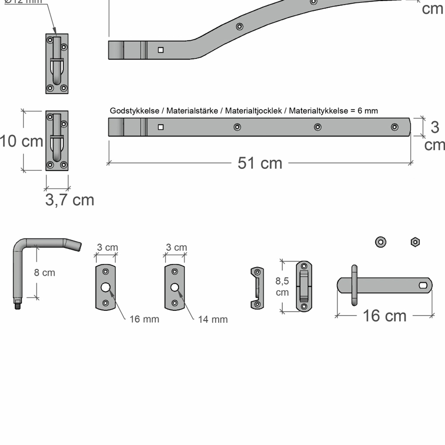 Skizze: Beschläge für Gartentor Ligno, Nadelholz, druckimprägniert, mit Maßen.