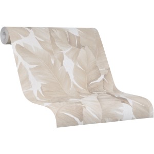 Marburg Vliestapete Avalon Floral Beige mit floralem Muster aus Bananenblättern.