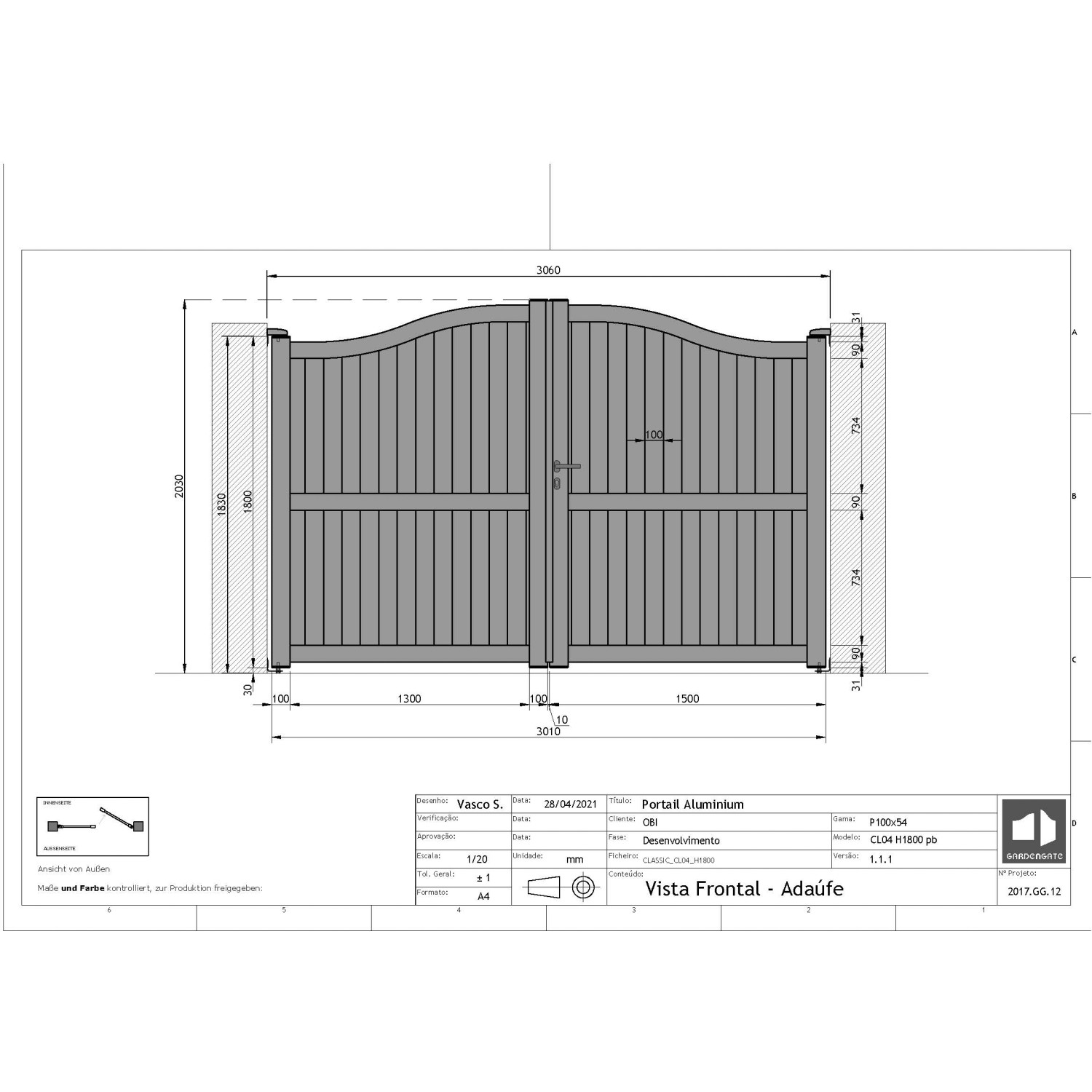 Technische Zeichnung: Doppelflügeltor Adaufe, 306 cm breit, 183 cm hoch, in Anthrazit.
