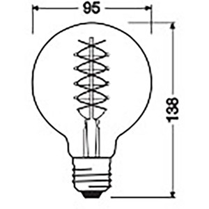 Skizze: Osram LED Leuchtmittel E27 Globe, 7W, warmweiß, Maße 13,8x9,5cm.