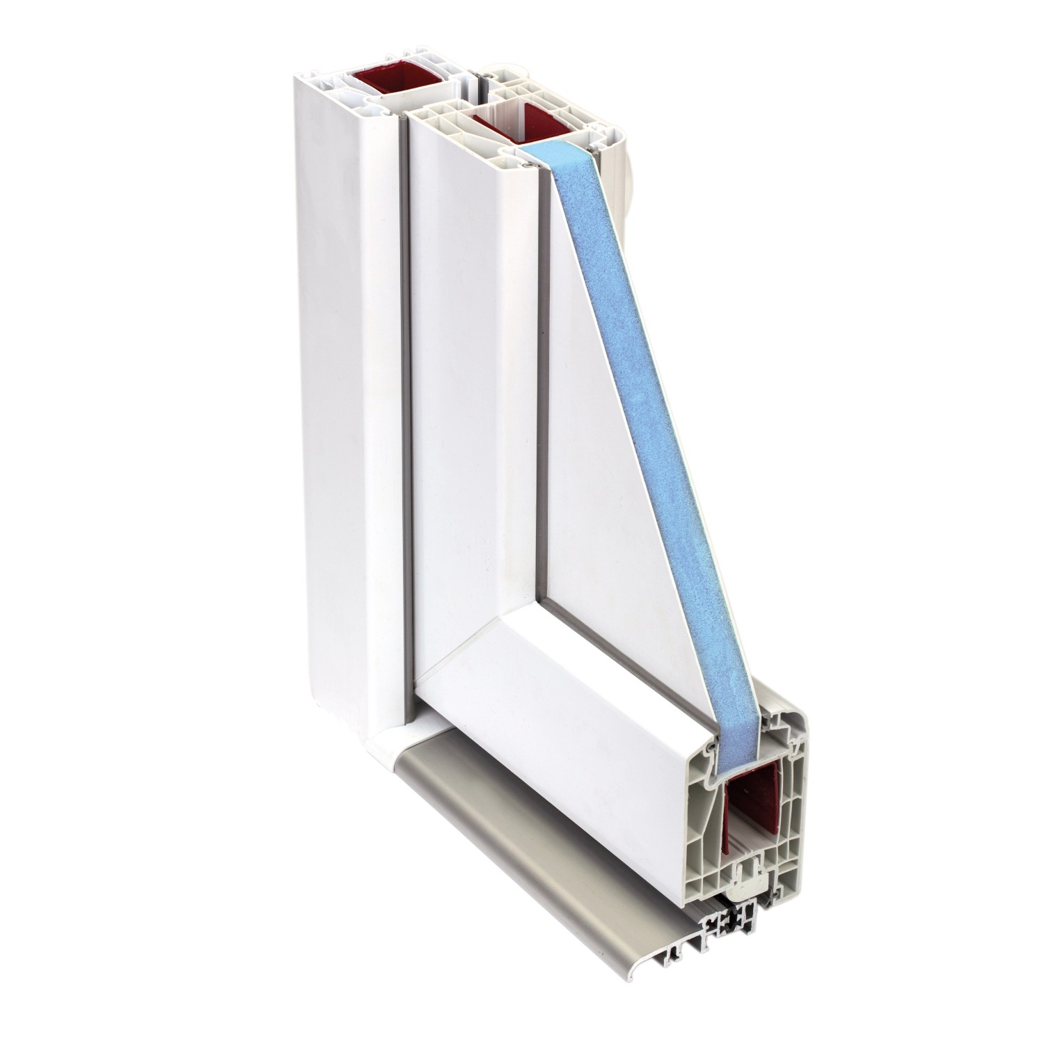 Querschnitt einer weißen Kunststoff-Haustür (Anschlag rechts) mit Mehrkammersystem und Alu-Bodenschwelle.