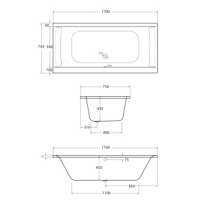 Technische Zeichnung Ottofond Whirlpool Rosa Komfort, 170x75 cm, weiße Acryl-Badewanne mit Maßangaben.