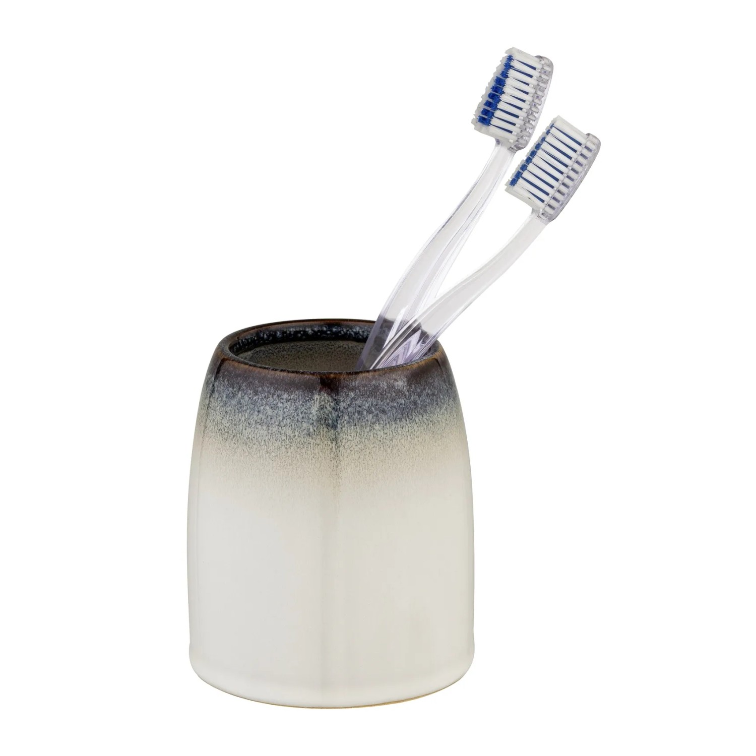 Schöner Wohnen Zahnputzbecher Osteto aus Keramik mit Farbverlauf und zwei Zahnbürsten.