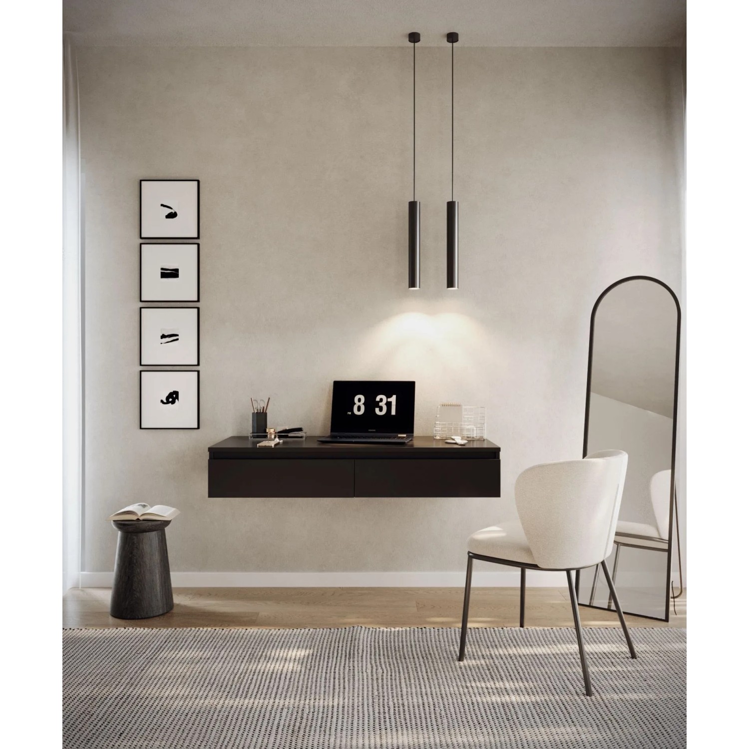 Selsey Bemmi Wand-Schminktisch schwarz mit 2 Schubladen in modernem Raum. Vielseitig als Hängeschreibtisch, platzsparend.
