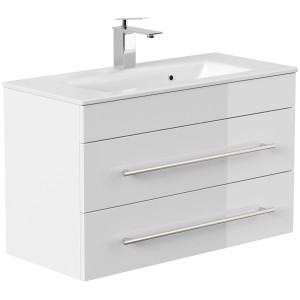 Posseik Badmöbel Portus 800 SlimLine, weiß hochglanz, mit Waschbecken und zwei Schubladen.