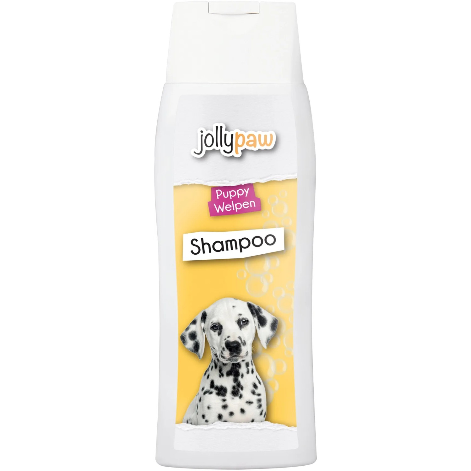 Jollypaw Welpen-Shampoo, 250ml Flasche mit Dalmatiner-Welpen Abbildung.