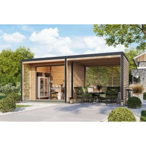 Karibu Gartenhaus Flavio A mit Anbaudach 3 m Natur-Anthrazit