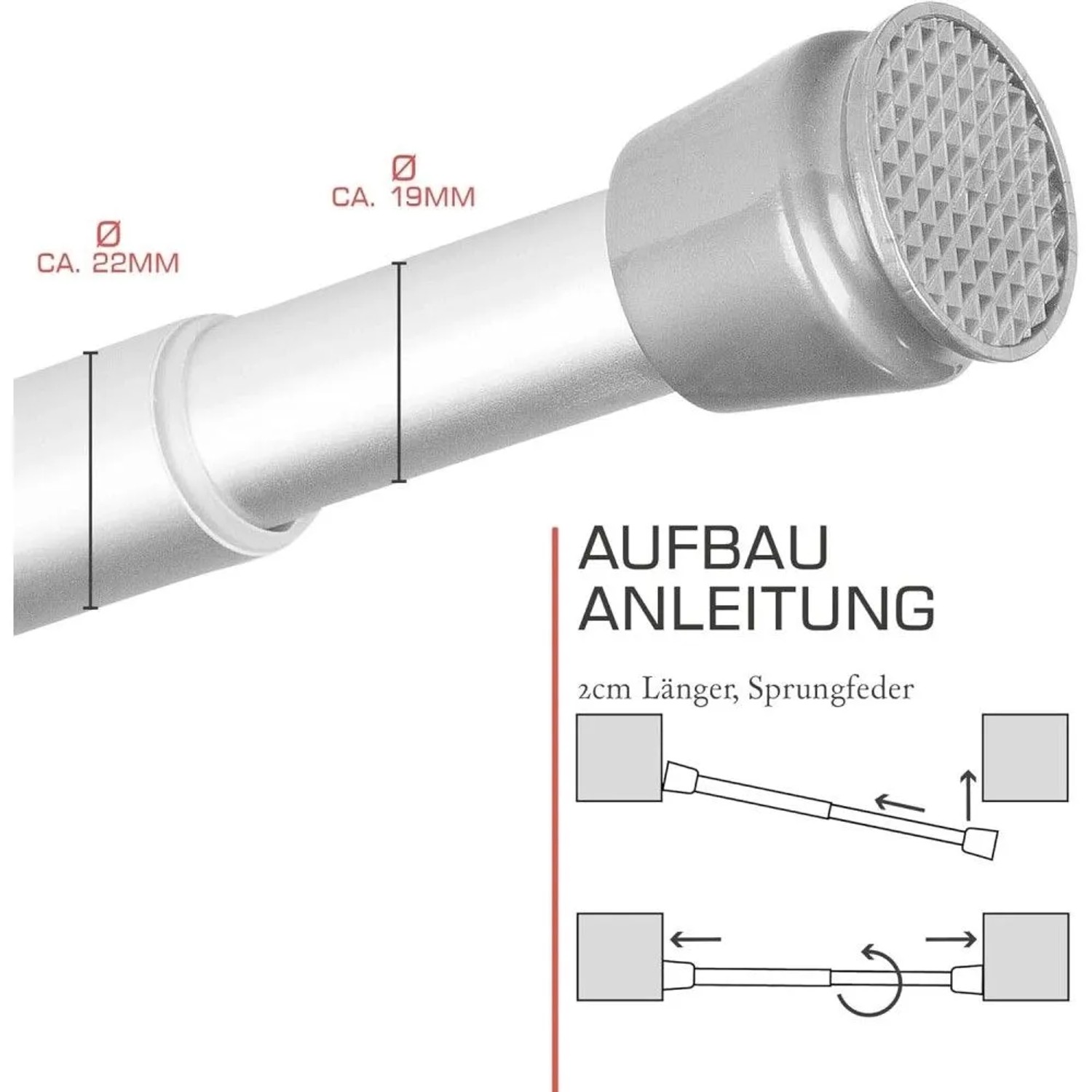 Bomoe Neptun Duschstange, L 70-120cm, Aluminium, mit Aufbauanleitung.