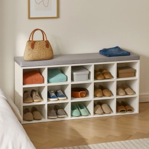 Relaxdays Schuhbank MDF Weiß Grau Gepolstert 15 Fächer 50 cm x 105 cm x 30,5 cm 22 kg