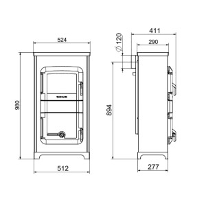 Technische Zeichnung Wamsler RH 8F A Kaminofen Naturstein mit Maßen.