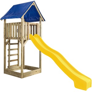 SwingKing Spielturm Lisa mit gelber Rutsche und blauem Dach, aus Holz, 121x350x297cm.